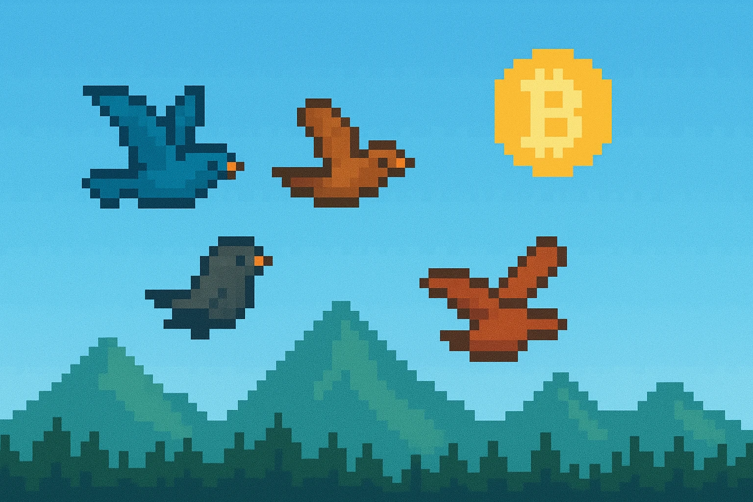 My Birds with clear sky and mountains in the background. Also, the sun is similar to the Bitcoin Logo.